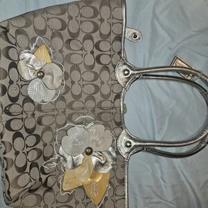 Coach Gray and Silver Floral Tote Bag